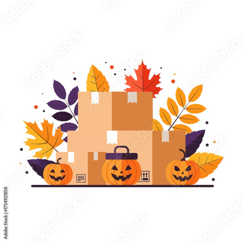 Autumn moving and shipping concept with cardboard boxes, jack-o'-lanterns, and colorful fall leaves.
