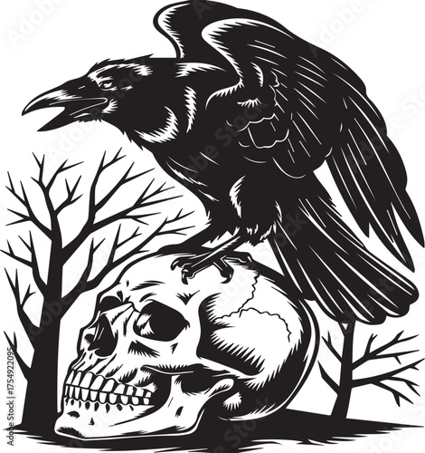 Raven Perched Atop a Skull with Bare Branches