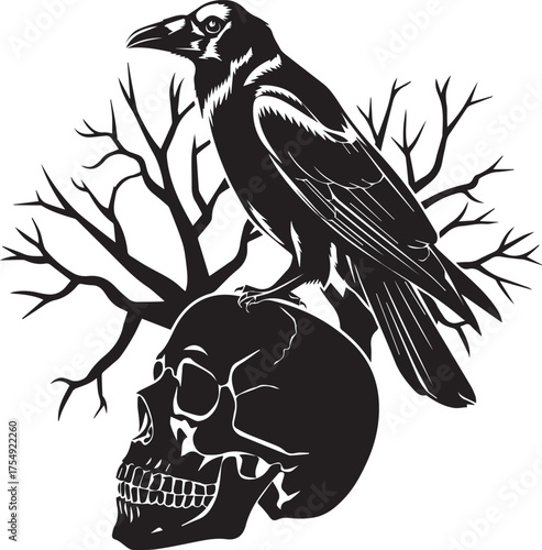 Raven Perched Atop a Skull with Bare Branches