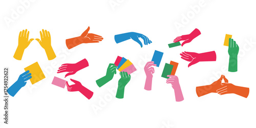 Handmade colorful clothespin hand with fashion footwear silhouette vector design pattern icon collection