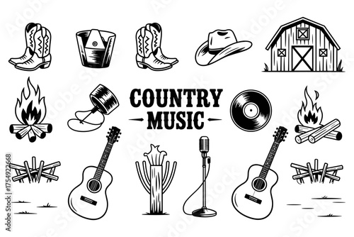Country music and Wild West, vector illustration set, isolated on white background, including cowboy boots, hat, guitar, banjo, microphone, barn, horseshoe, vinyl record vector.