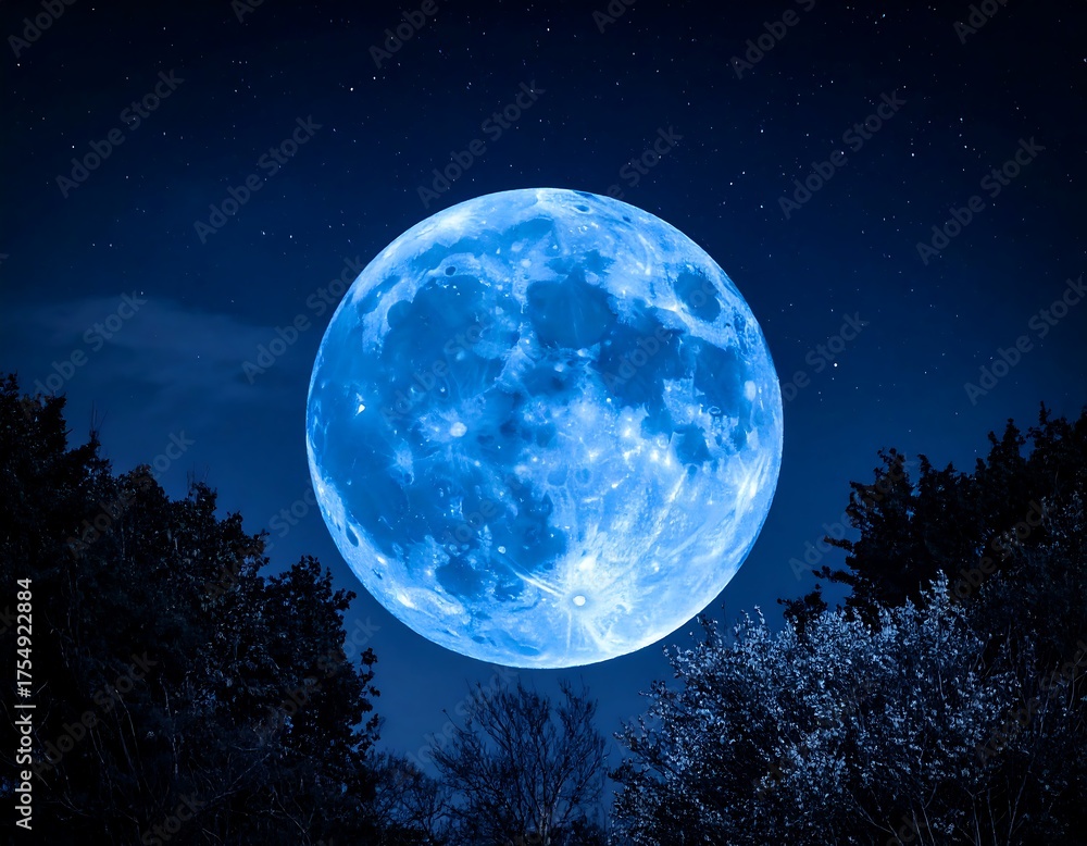 Fototapeta premium Majestic blue orb illuminates starry night above silhouetted trees