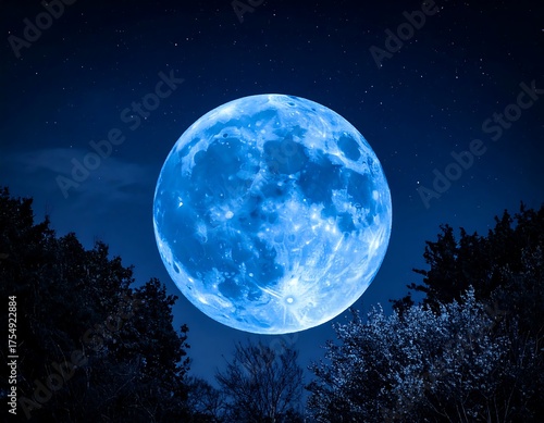 Majestic blue orb illuminates starry night above silhouetted trees