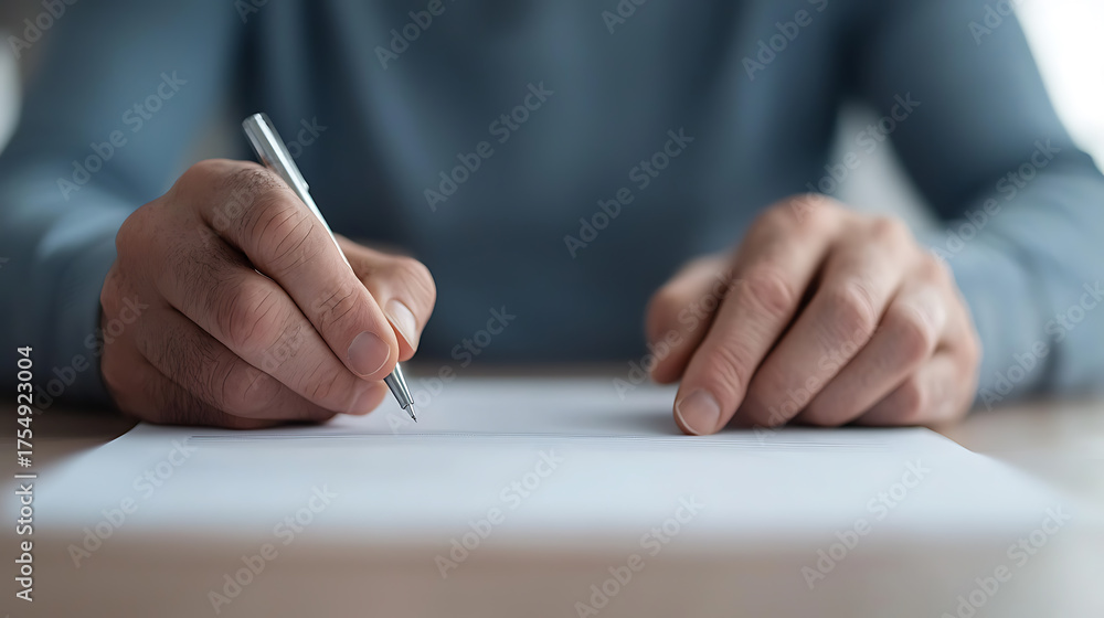 Fototapeta premium Writing on paper: A focused hand holding a pen on a document, signifying focus, signing, or creative writing.