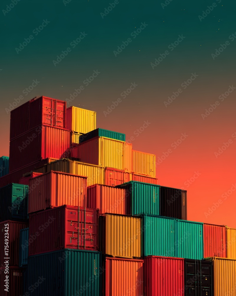 Fototapeta premium Colorful Stacked Shipping Containers Against a Vibrant Sunset Sky for Industrial Themes
