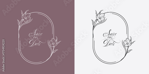 Hand drawn minimalist wedding invitation frame wreath
