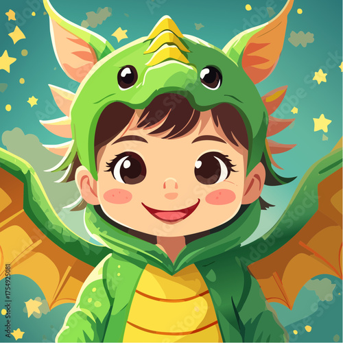 Kind im niedlichen Drachenkostüm