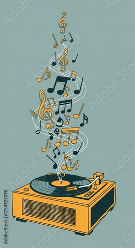 Retro turntable playing vinyl record with musical notes floating upward. Music sound wave concept. Vintage radio and audio player for entertainment.