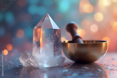 Tibetan Singing Bowl and Clear Quartz Crystal for Meditation and Sound Healing - AI generated