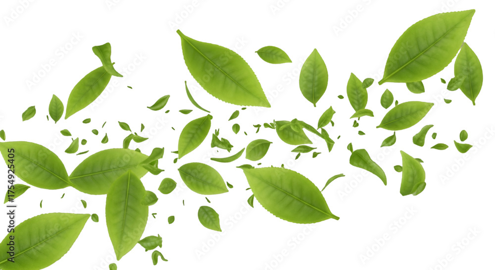 Fototapeta premium Fresh Green Tea Leaves Falling on Black Background