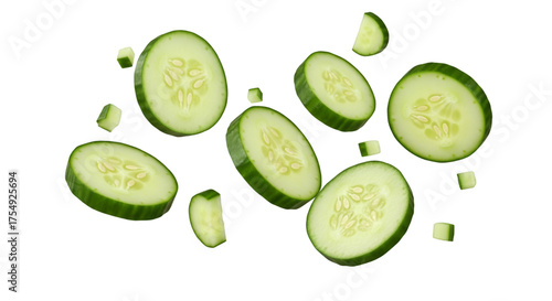 Sliced Cucumbers Floating on Black Background