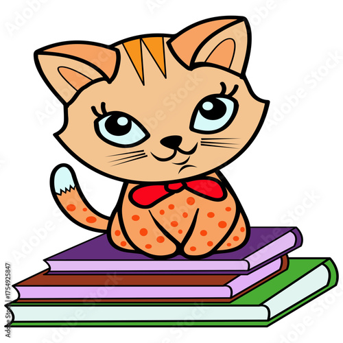 Cute orange kitten sitting on books with a bow tie