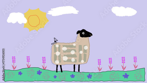 This charming hand-drawn sketch depicts a sheep in a whimsical, child’s drawing style. Featuring simple lines and a playful, naive appearance, it captures the innocence and creativity of a child's art