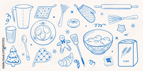 Hand-drawn doodle line vector of kitchen and baking tools. Fun cooking elements with festive cookies, utensils, and ingredients for holiday food and recipe designs.