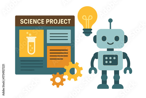Robot and science project display with lightbulb and gears