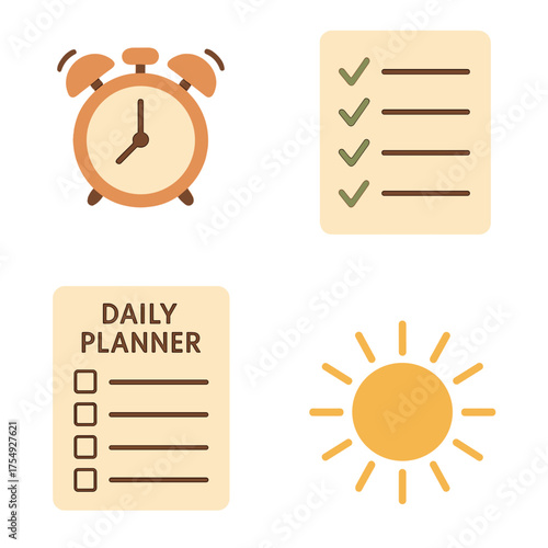 Daily routine and planning icons for productivity and success