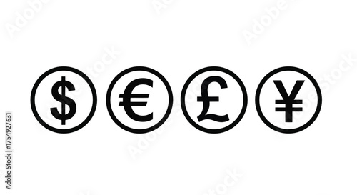 Vector illustration of a row of currency symbols including dollar, euro, pound, and yen, representing global finance and exchange, isolated on a