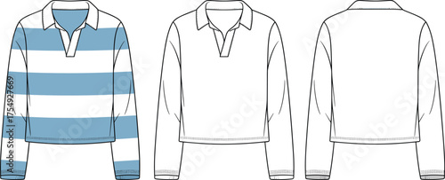 Rugby shirt vector, fashion flat sketch, striped long sleeve design, collar button placket outline, casual apparel template, cad drawing flat vector illustration