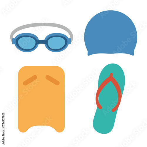 Swimming gear collection with goggles cap kickboard and flip flops