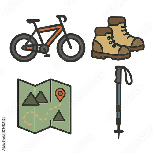 Outdoor adventure gear icons bicycle boots map and trekking pole
