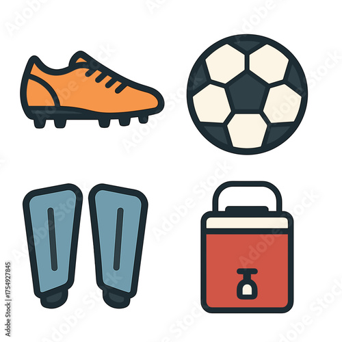 Soccer equipment icons ball cleats shin guards and cooler