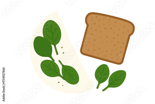Simple illustration of toast with spinach and cream cheese