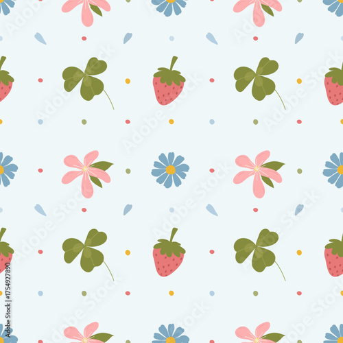 Strawberry, flowers, leaves seamless pattern. Vector hand drawn texture illustration for summer cover, botanical wallpaper design.
