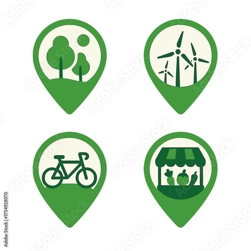 Green living icons for sustainable lifestyle locations