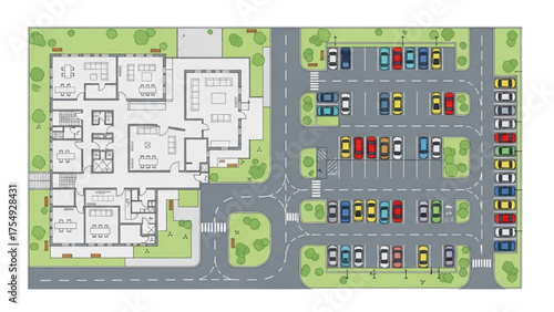 Detailed Architectural Blueprint of a Building Complex with Parking Spaces