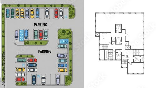 Comprehensive Urban Planning Design Detailed Architectural Floor Plan and Organized Parking Lot Layout Blueprint