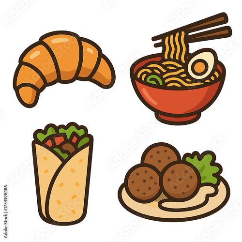 Assortment of delicious food icons on a black background