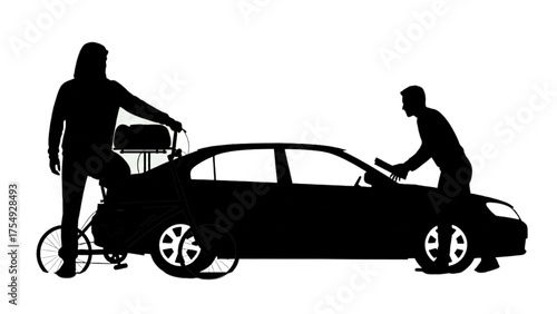 Silhouettes of people washing a car and another person with a bicycle and walker