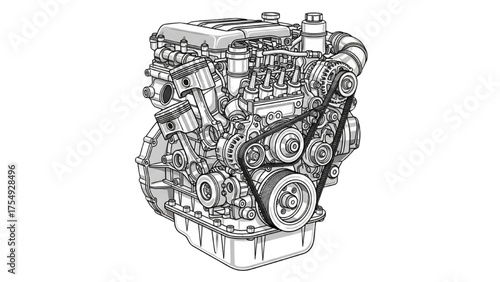 Intricate engineering diagram of a modern automobile engine, depicting its various parts and complex drive system