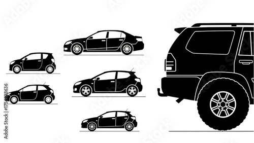 A diverse collection of modern passenger vehicles showcasing different car body styles and sizes on a white background for comparison