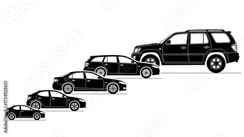 Various Car Sizes Arranged in a Diagonal Line