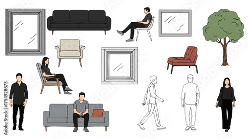 Illustration Collection Furnishings, People, and Architectural Elements in Detailed Sketches