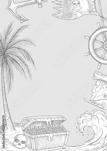 Frame Treasure Island. Black and white graphics, hand-drawn vector illustration. An old chest with gold coins on an island under a palm tree. For children s games, holidays, postcards, and posters.