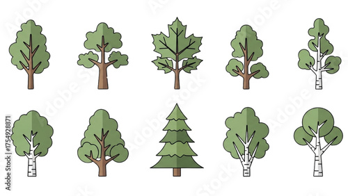 Collection of Various Types of Trees with Green Foliage and Brown Trunks