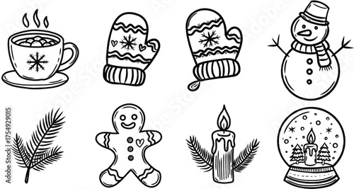 Hand drawn winter holiday icons including a snowman mittens hot chocolate gingerbread man candle snow globe and pine sprig