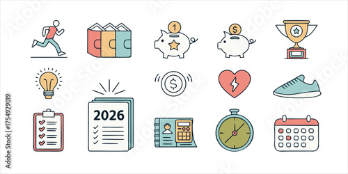 New Year 2026 Resolution Vector Icon Set for Goal Planning Self Improvement and Healthy Lifestyle
