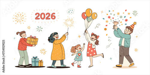 Happy Family Celebrating New Year 2026 with Gifts and Fireworks Vector Illustration for Holiday Greetings
