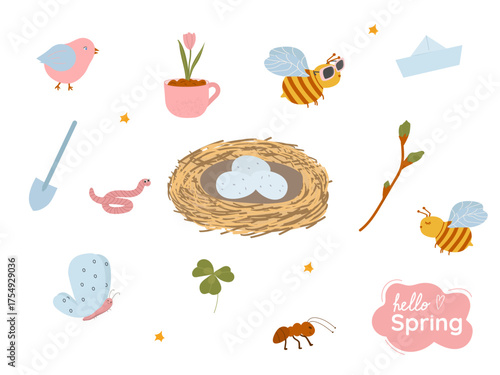 Spring set of hand drawn elements. Suitable for scrapbooking, greeting card, party invitation, poster, tag, sticker set. Vector illustration.