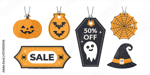 Halloween Sale Vector Tag and Label Collection with Pumpkin Ghost and Witch Hat for Retail Promotion
