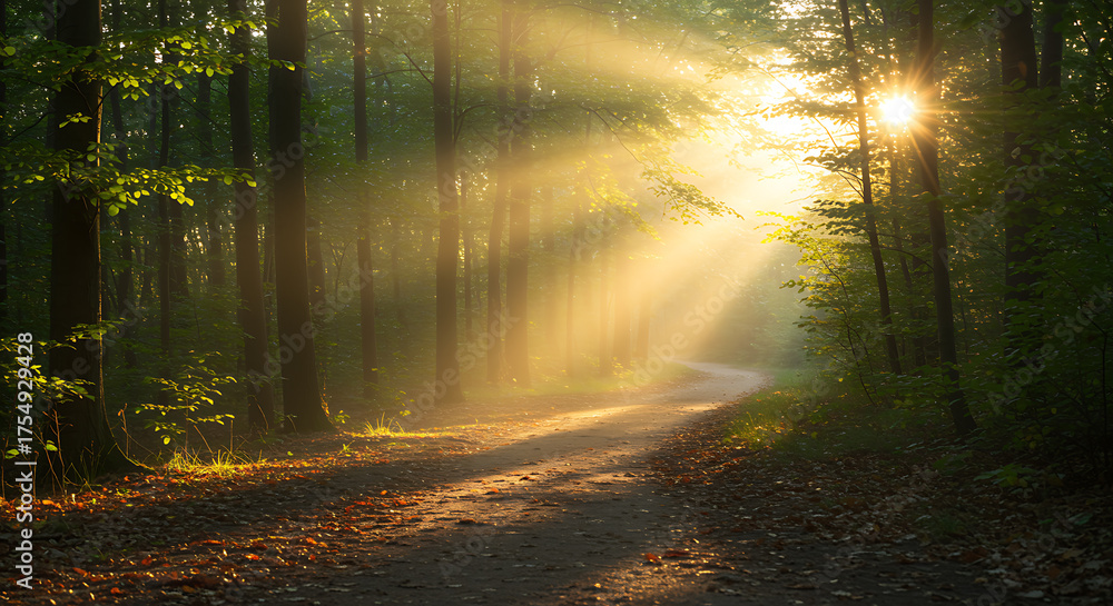 Naklejka premium Sunbeams through forest trees on a winding path sunlight