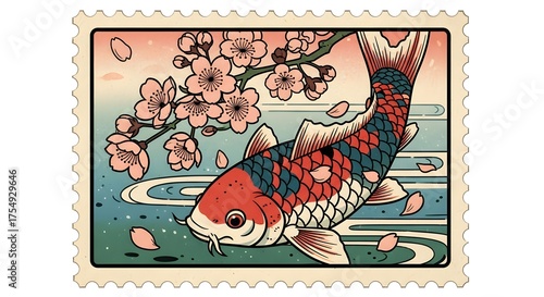 Stylized Japanese postage stamp featuring a colorful koi fish swimming beneath vibrant cherry blossom flowers