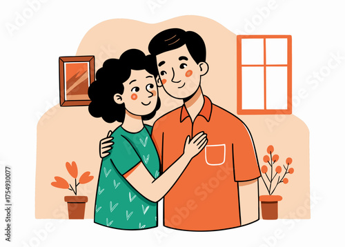 Sweet Illustration of Loving Couple Embracing at Home