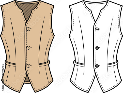 Women’s vest vector, fashion flat sketch, sleeveless button waistcoat design, tailored clothing outline, apparel template, cad drawing flat vector illustrationWomen’s vest vector, 