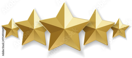 Five gold star 3D for rating, review, or quality award on white background. Golden 3D stars icon set for excellence, success, and achievement symbol.