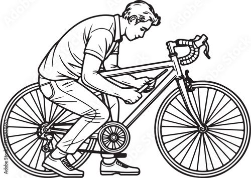 Man fixing his bicycle on a white background