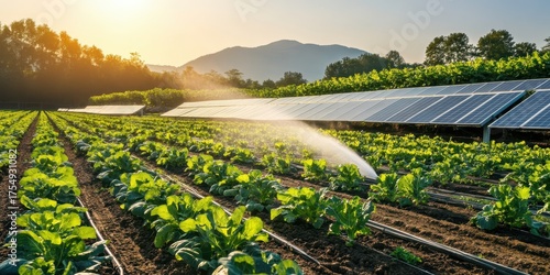 A field of vegetables is being watered by a sprinkler system